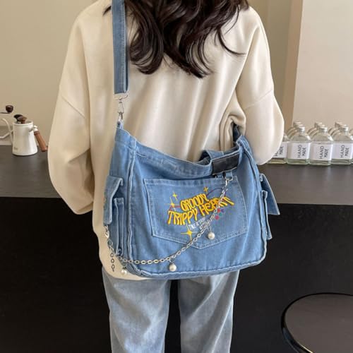 PALAY® Chic Cloth Bag for Girls Women Casual Shoulder Crossbody Tote 2 in 1 Variable Hand Fashion Letter Embroidery Denim Book for Daily School 2PCS PALAY® Chic Cloth Bag for Girls Women Casual Shoulder Crossbody Tote 2 in 1 Variable Hand Fashion Letter Embroidery Denim Book for Daily School 2PCS
